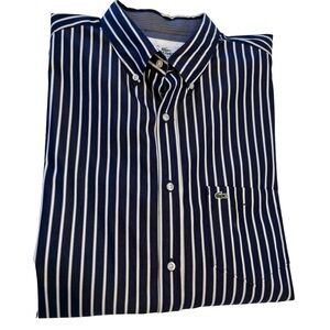 LACOSTE FRANCE MENS Button Down SHIRT BLUE WHITE STRIPE CROC 100% COTTON 45 XL